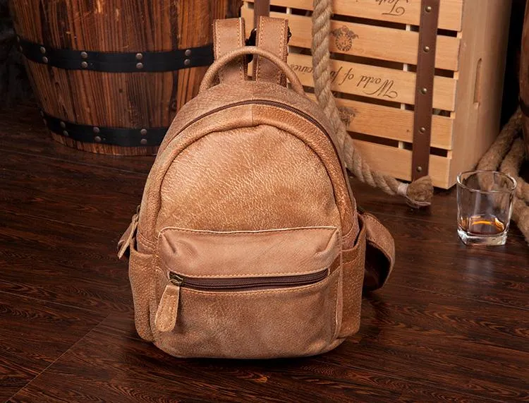 Khaki Fashion Mens Leather Small Travel Backpacks Cute College Backpacks School Backpack for men