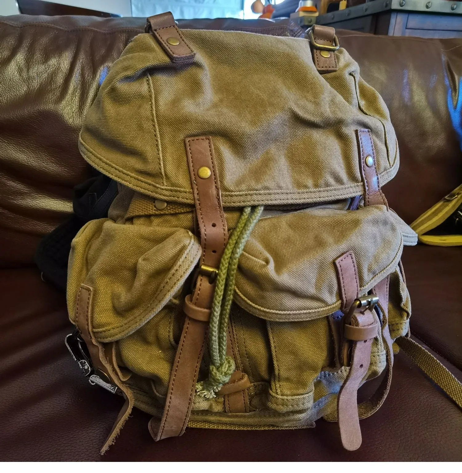 Khaki Mens Canvas Travel Backpack Canvas EDC Backpack Hiking Backpacks for Men