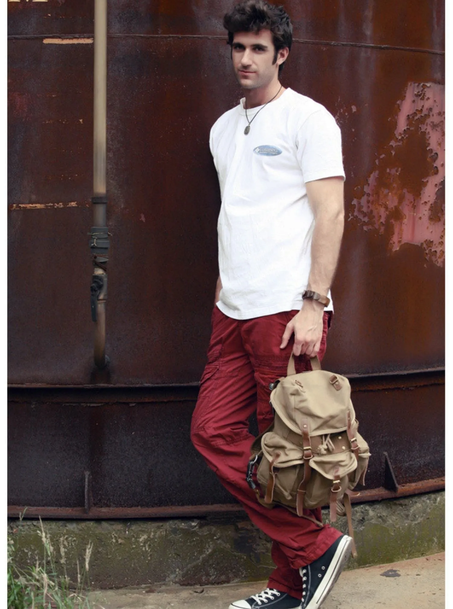 Khaki Mens Canvas Travel Backpack Canvas EDC Backpack Hiking Backpacks for Men