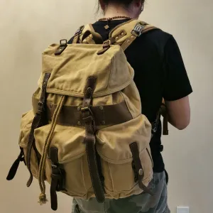 Khaki Mens Canvas Travel Backpack Canvas EDC Backpack Hiking Backpacks for Men