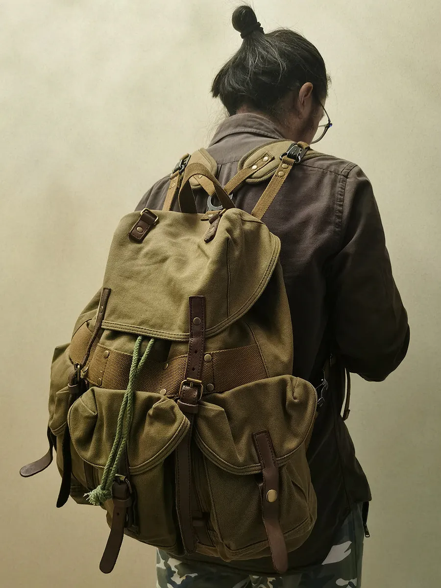 Khaki Mens Canvas Travel Backpack Canvas EDC Backpack Hiking Backpacks for Men
