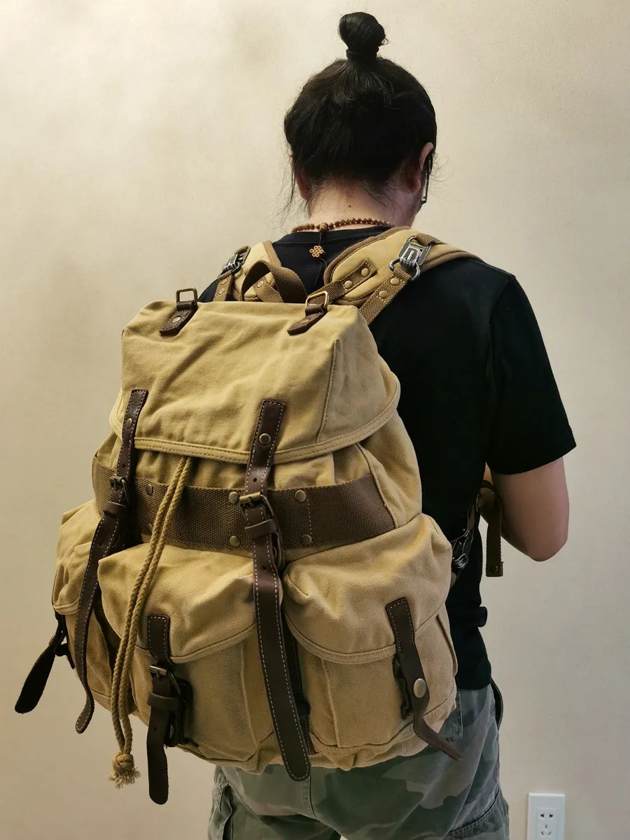 Khaki Mens Canvas Travel Backpack Canvas EDC Backpack Hiking Backpacks for Men