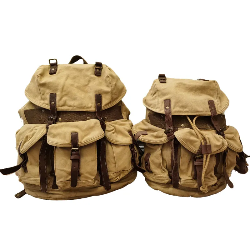 Khaki Mens Canvas Travel Backpack Canvas EDC Backpack Hiking Backpacks for Men