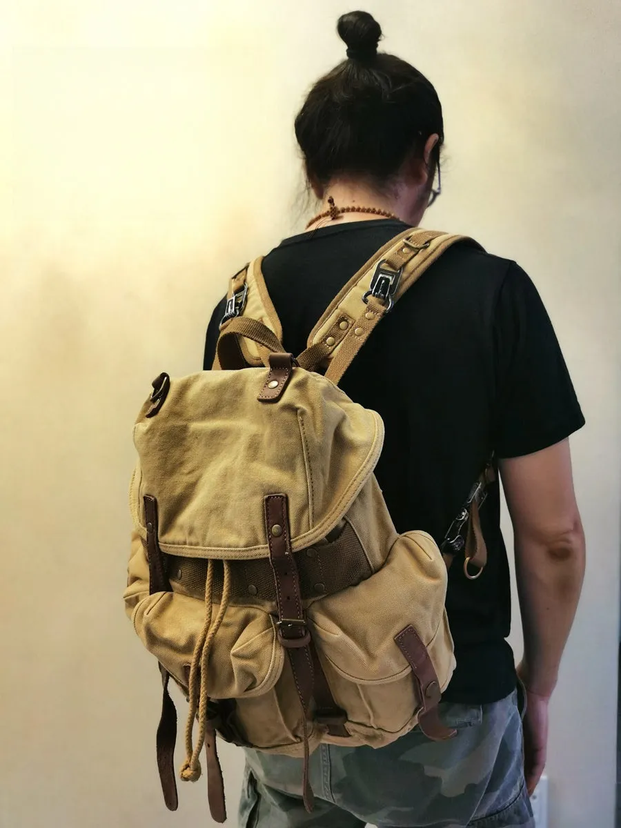 Khaki Mens Canvas Travel Backpack Canvas EDC Backpack Hiking Backpacks for Men