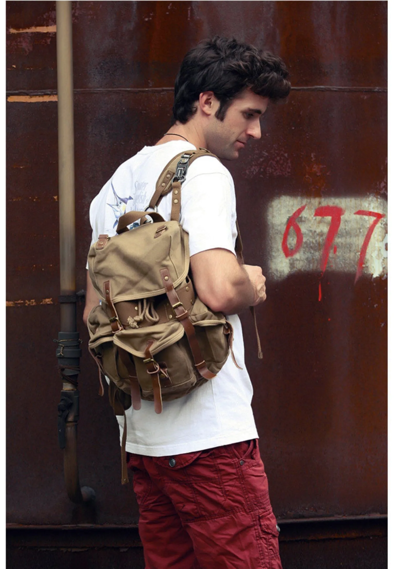 Khaki Mens Canvas Travel Backpack Canvas EDC Backpack Hiking Backpacks for Men