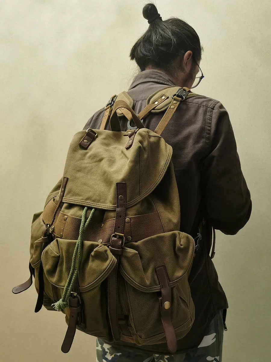 Khaki Mens Canvas Travel Backpack Canvas EDC Backpack Hiking Backpacks for Men