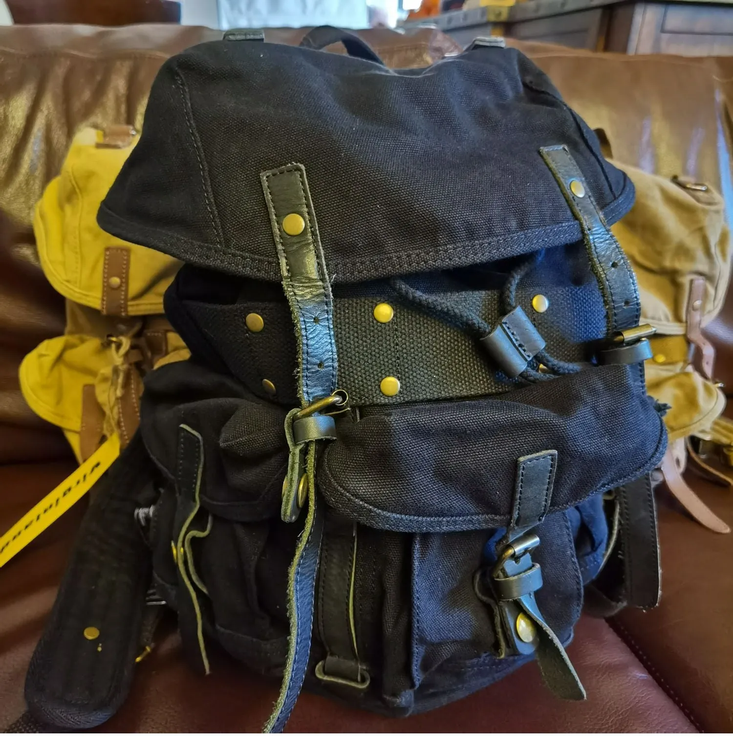 Khaki Mens Canvas Travel Backpack Canvas EDC Backpack Hiking Backpacks for Men