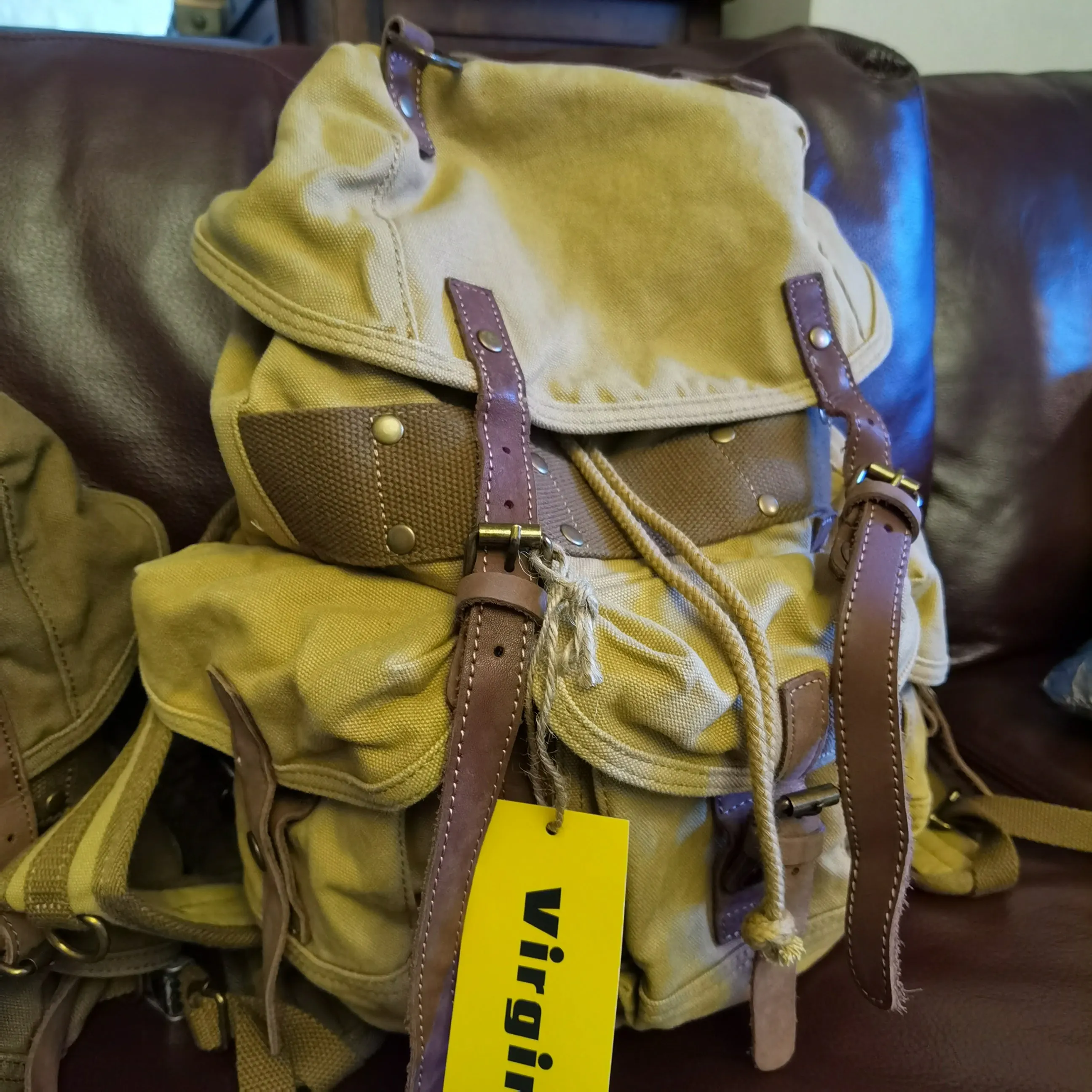 Khaki Mens Canvas Travel Backpack Canvas EDC Backpack Hiking Backpacks for Men