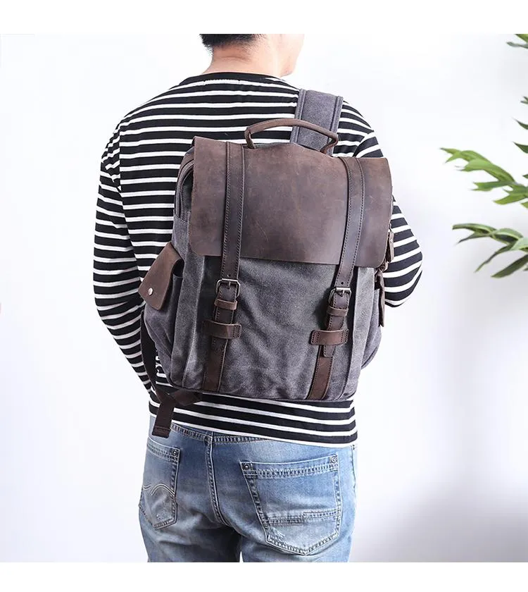 Lake Green Waxed Canvas Mens Large 14'' Laptop Backpack College Backpack Hiking Backpack for Men