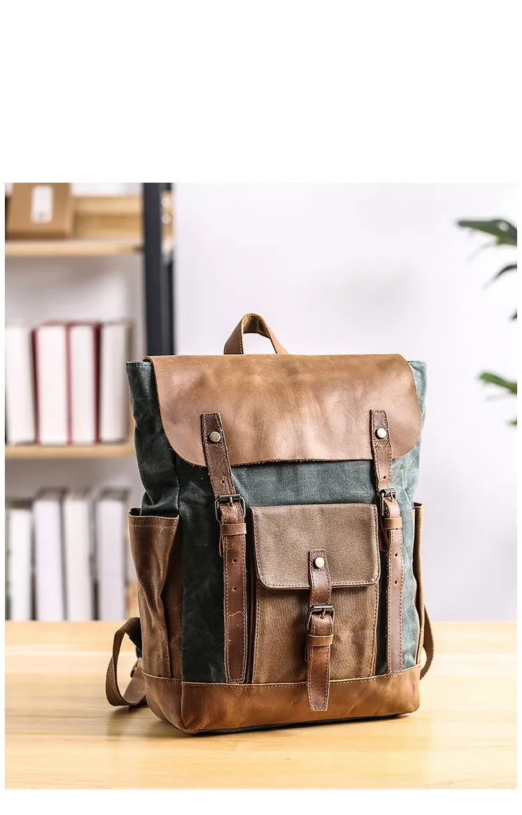 Lake Green Waxed Canvas Mens Large 15'' Laptop Backpack College Backpack Hiking Backpack for Men