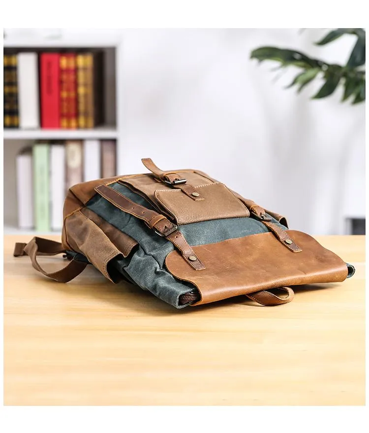 Lake Green Waxed Canvas Mens Large 15'' Laptop Backpack College Backpack Hiking Backpack for Men