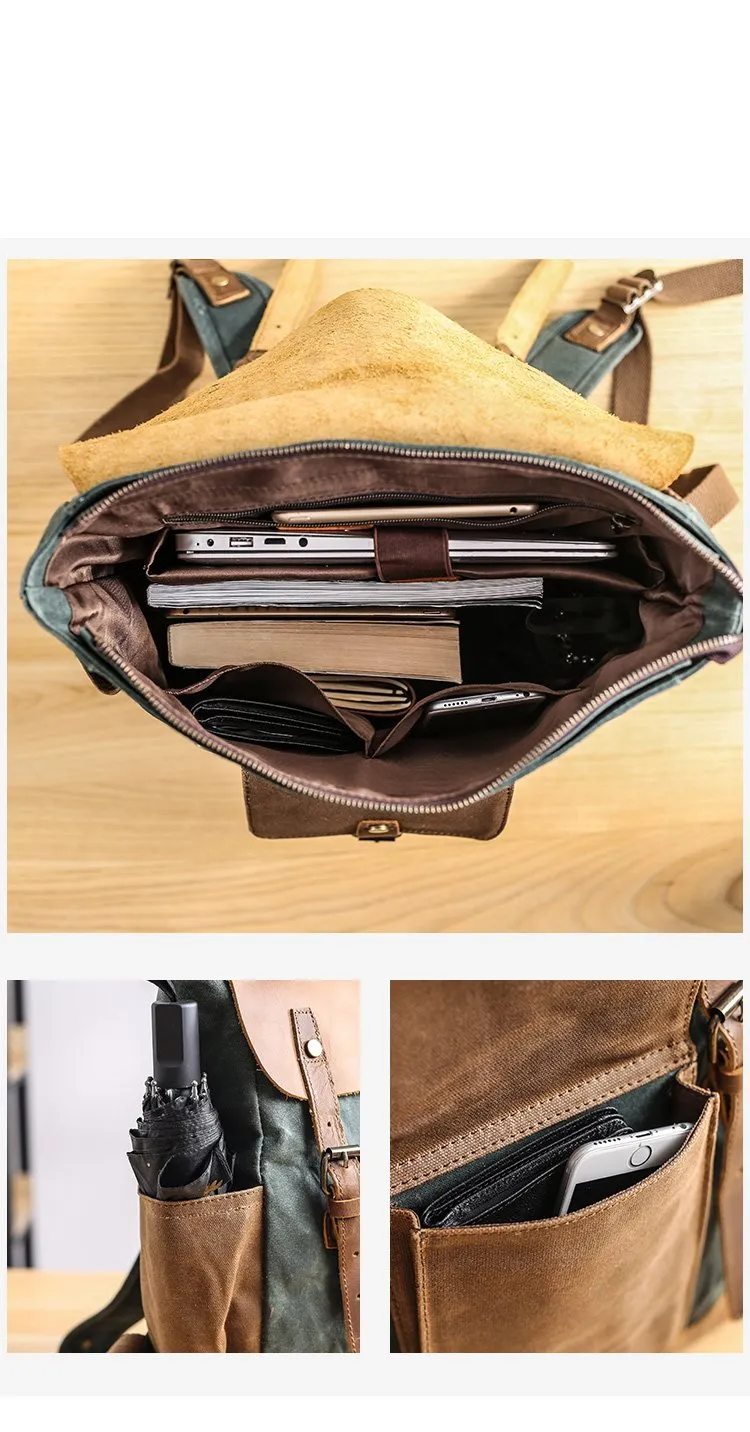 Lake Green Waxed Canvas Mens Large 15'' Laptop Backpack College Backpack Hiking Backpack for Men