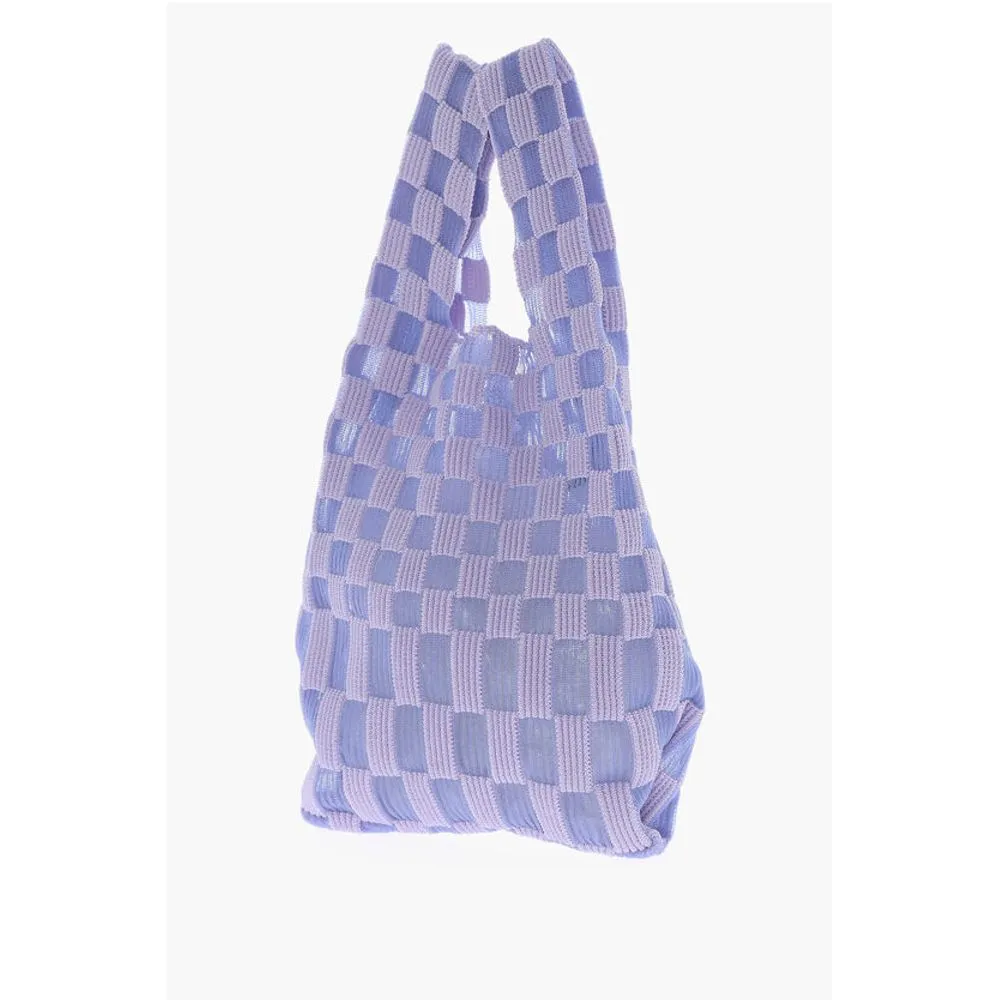 Last Frame Checked Knitted Tote Bag with Faux Leather Shoulder Strap