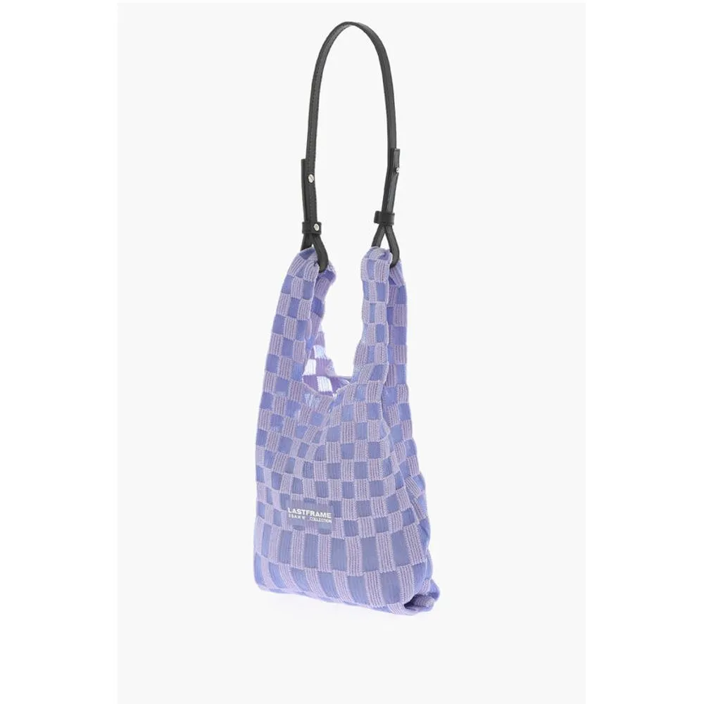 Last Frame Checked Knitted Tote Bag with Faux Leather Shoulder Strap
