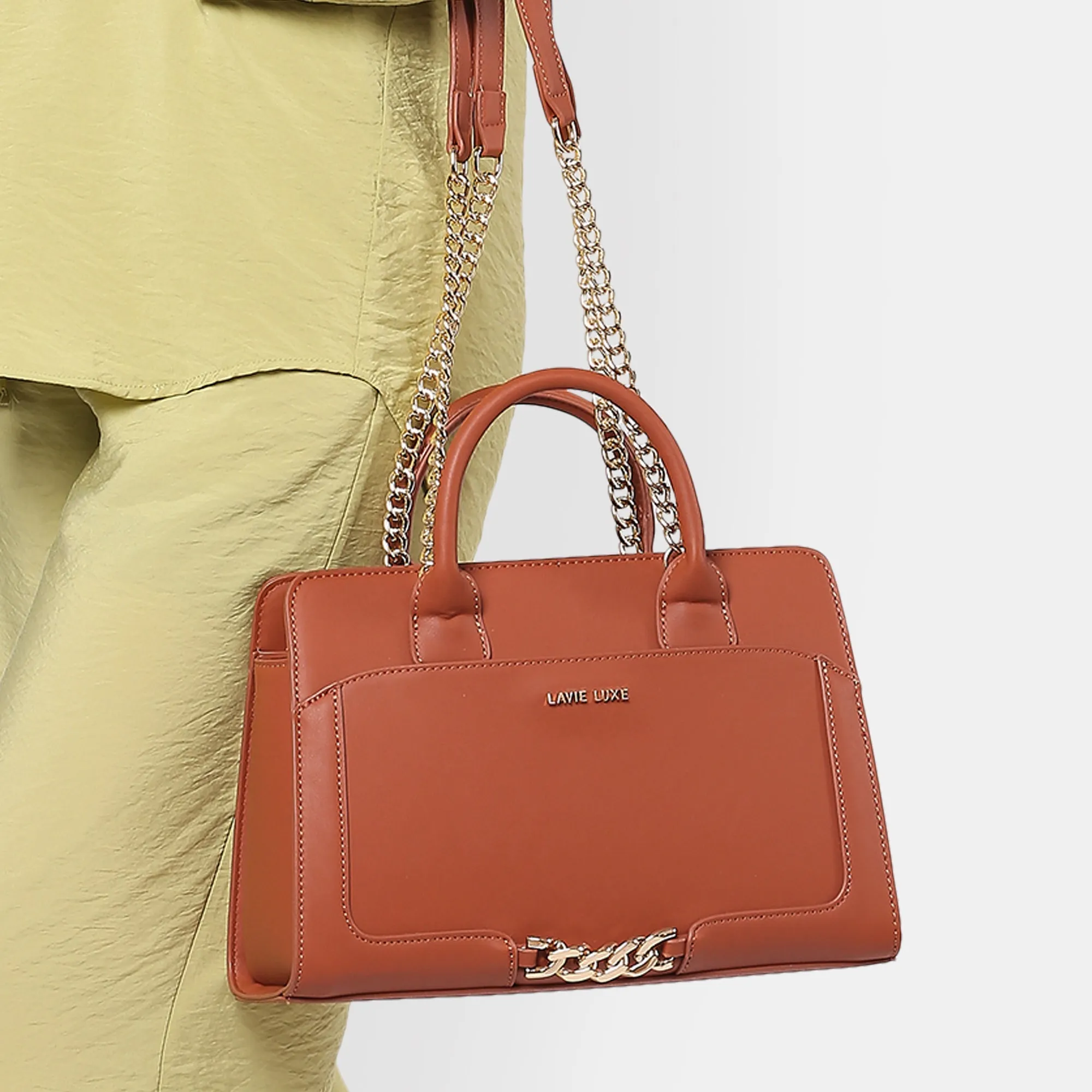 Lavie Luxe Tan Medium Women's Chain Satchel Bag