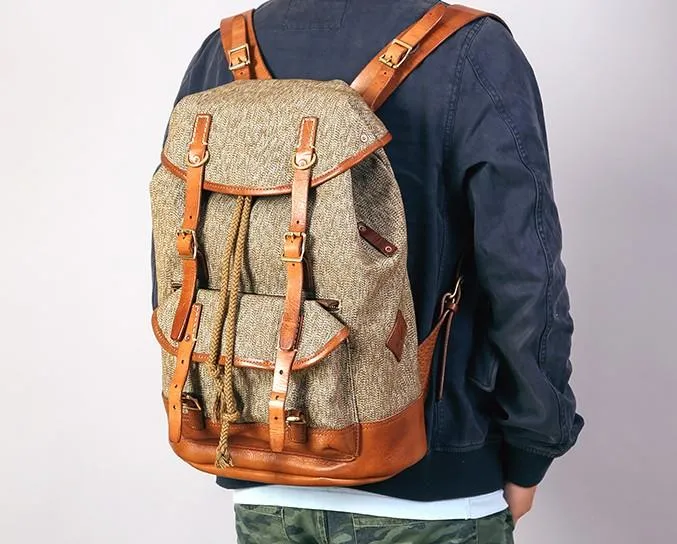 Leather Canvas Mens Cool Backpack Large Travel Backpack Hiking Backpacks for Men