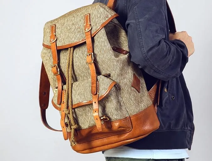 Leather Canvas Mens Cool Backpack Large Travel Backpack Hiking Backpacks for Men
