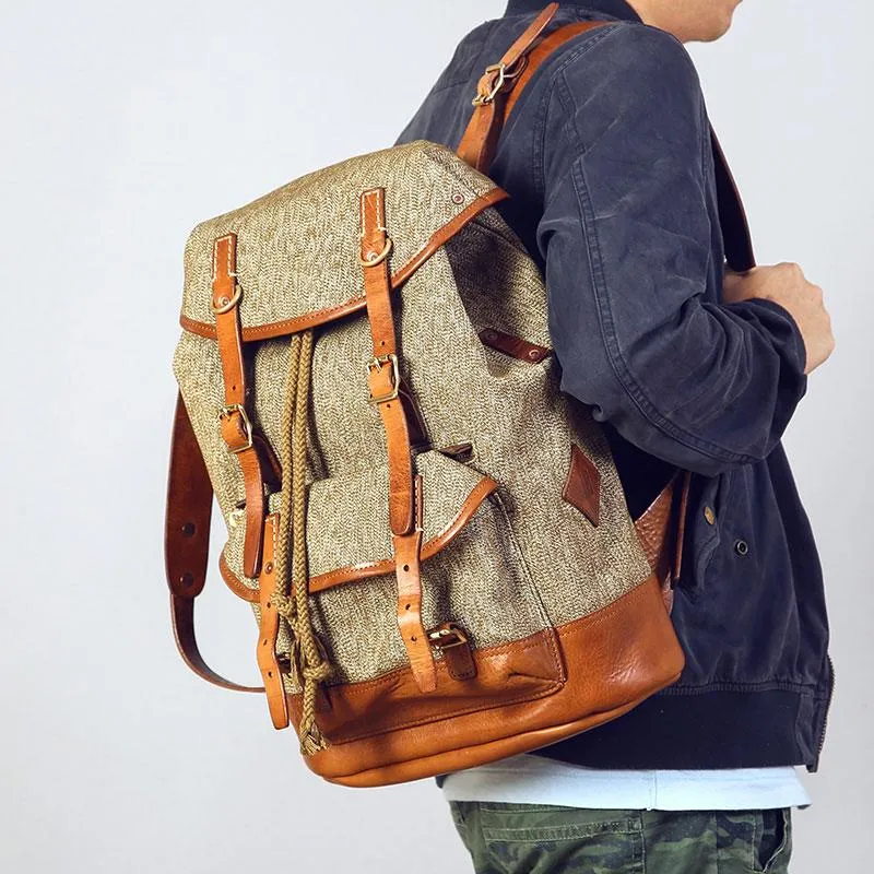 Leather Canvas Mens Cool Backpack Large Travel Backpack Hiking Backpacks for Men