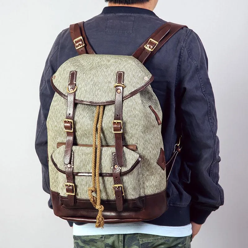 Leather Canvas Mens Cool Backpack Large Travel Backpack Hiking Backpacks for Men
