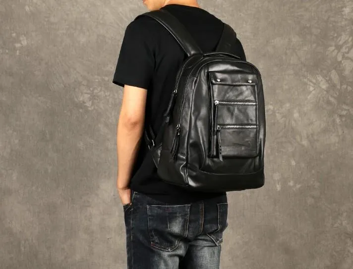 Leather Cool Mens Backpack Large Black Travel Backpack Hiking Backpack for men