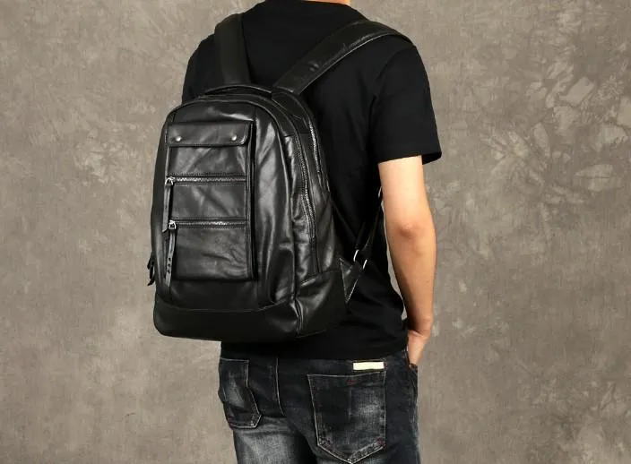 Leather Cool Mens Backpack Large Black Travel Backpack Hiking Backpack for men