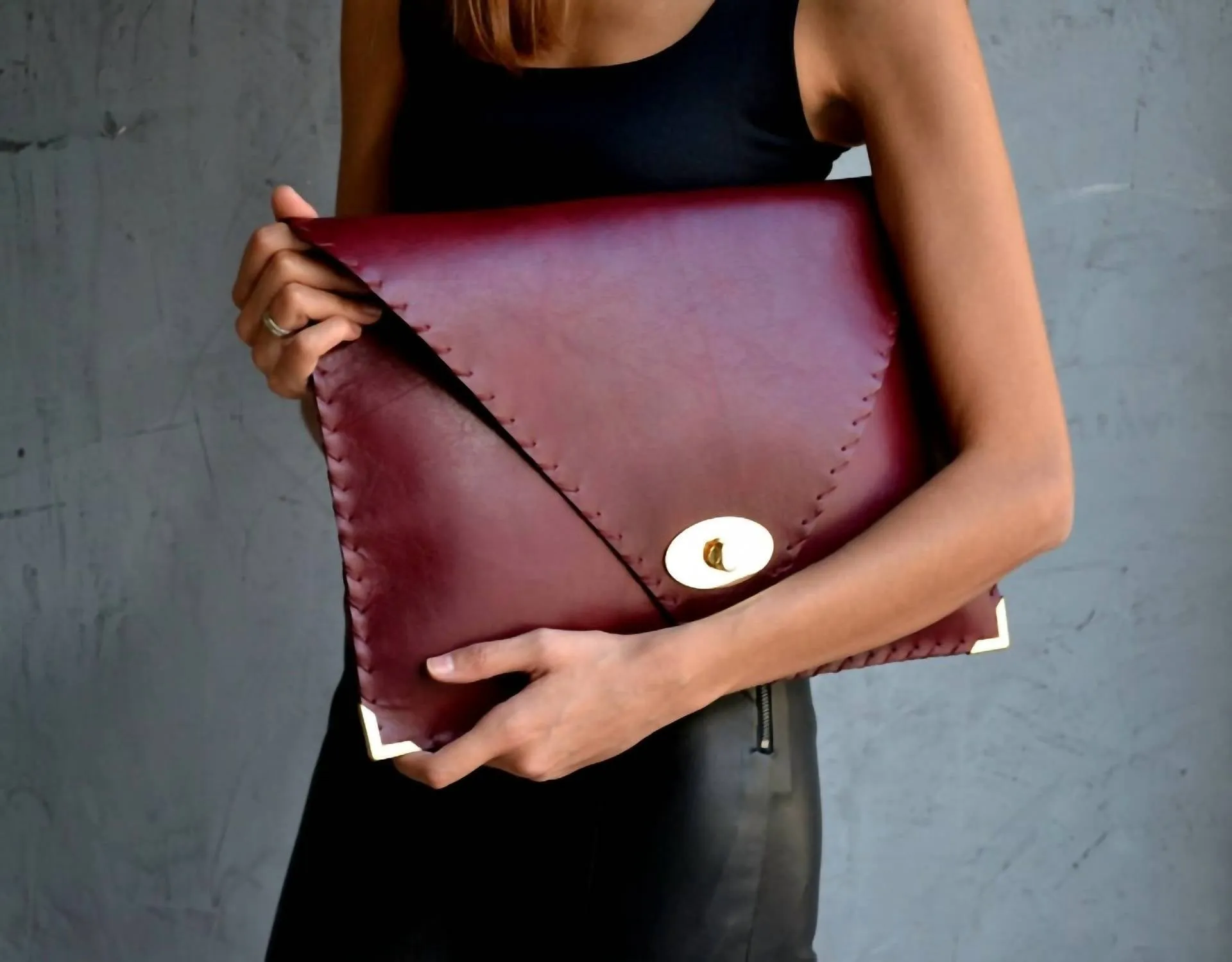 Leather Envelope Clutch In Bordeaux