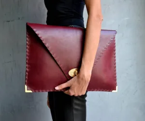 Leather Envelope Clutch In Bordeaux
