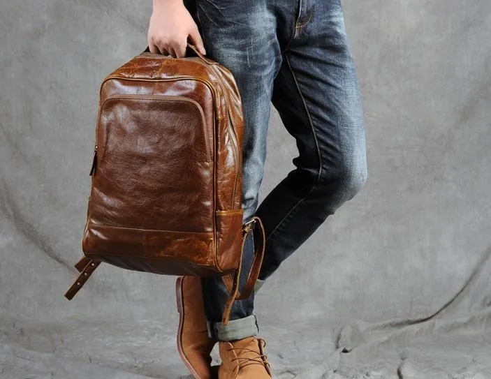 Leather Mens Cool Black Backpack Large Travel Backpack Hiking Backpack for men