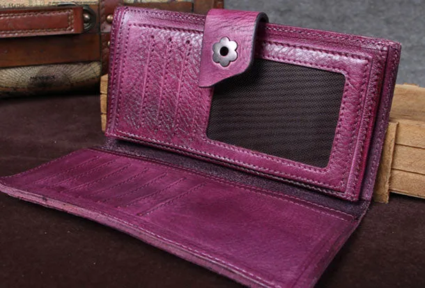 Leather Women Bifold Long Wallet Vintage Wallet For Women