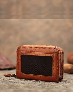 Leather Zipper Card Wallets Brown Cute Small Women Double Zip Card Wallet For Ladies
