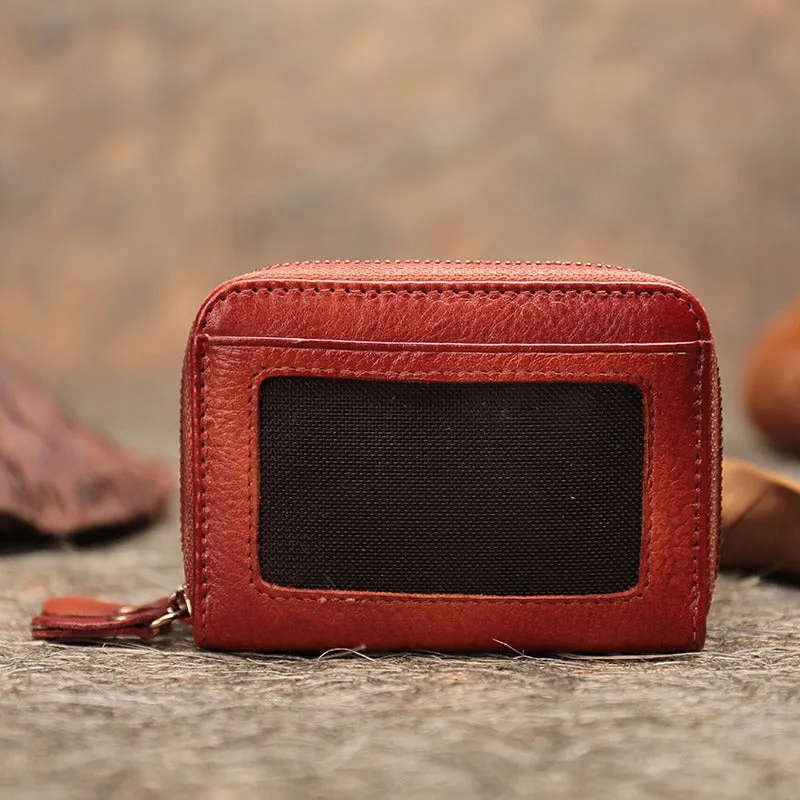 Leather Zipper Card Wallets Brown Cute Small Women Double Zip Card Wallet For Ladies