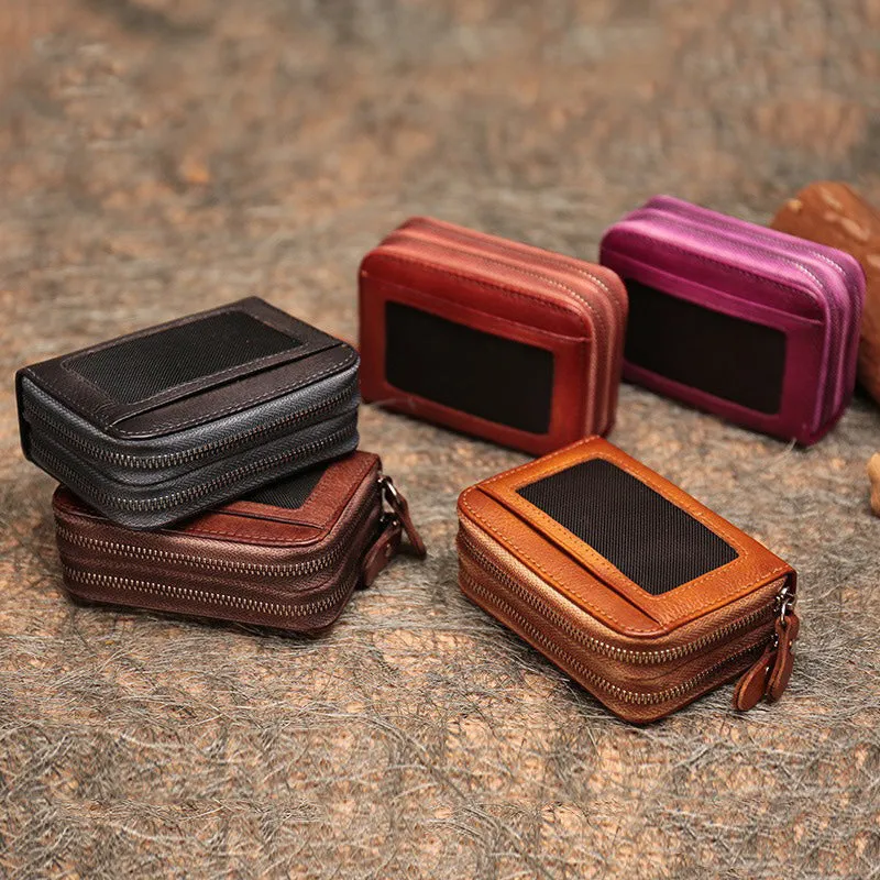 Leather Zipper Card Wallets Brown Cute Small Women Double Zip Card Wallet For Ladies