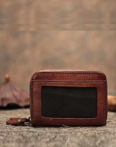 Leather Zipper Card Wallets Brown Cute Small Women Double Zip Card Wallet For Ladies