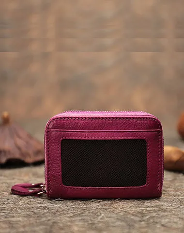 Leather Zipper Card Wallets Brown Cute Small Women Double Zip Card Wallet For Ladies