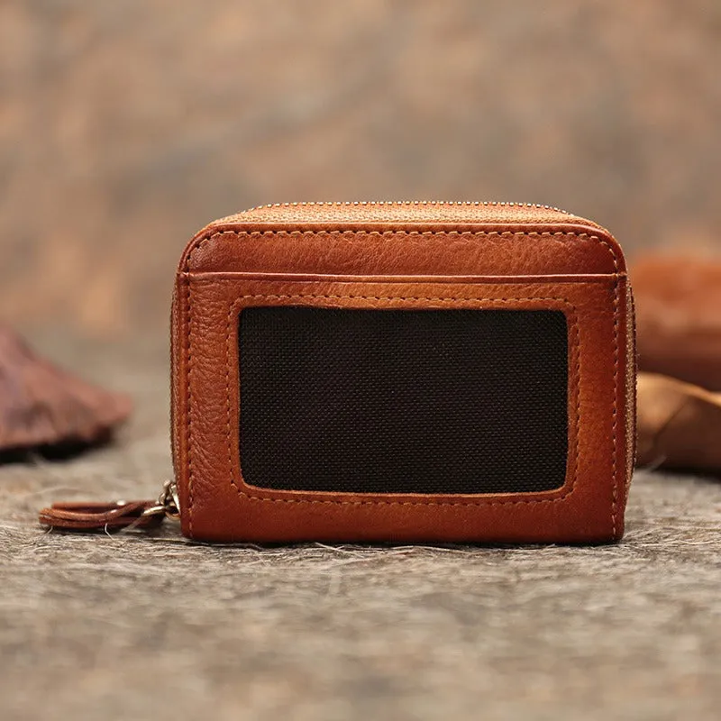 Leather Zipper Card Wallets Brown Cute Small Women Double Zip Card Wallet For Ladies