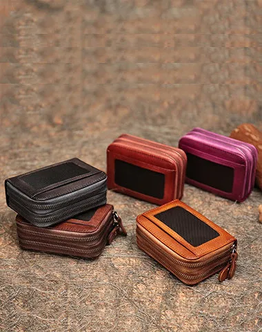 Leather Zipper Card Wallets Brown Cute Small Women Double Zip Card Wallet For Ladies