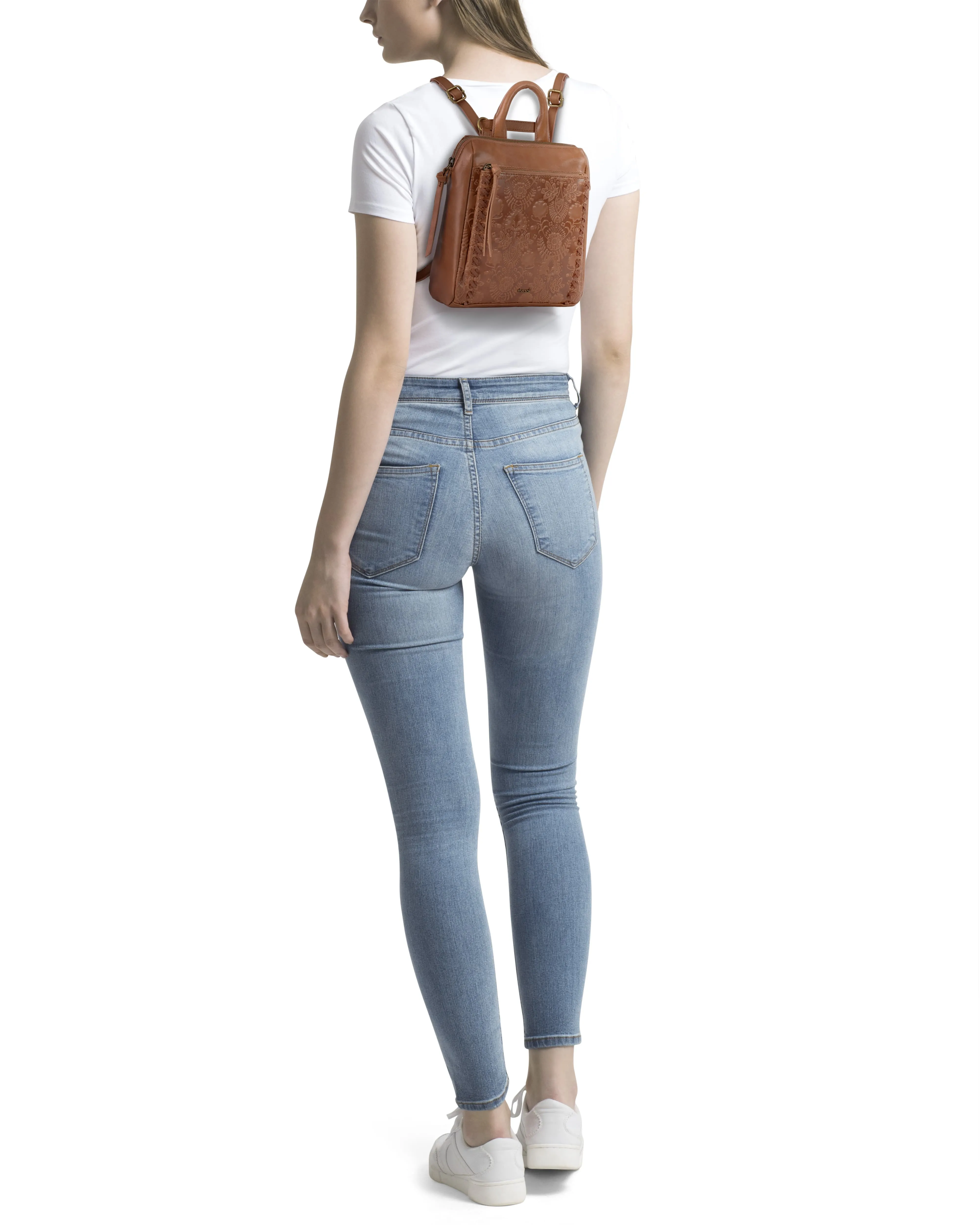 Loyola Mini Backpack - Leather - Tobacco Floral Embossed