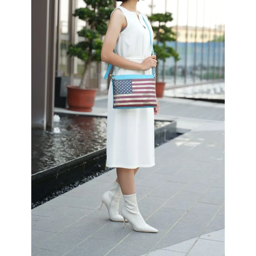Madeline Printed Flag Vegan Leather Womens Crossbody Bag