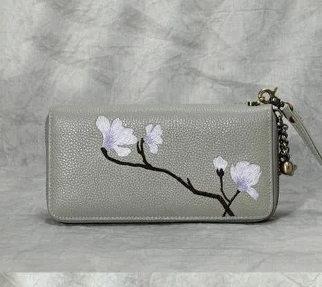 Magnolia Flower Embroidery Pink Leather Magnolia Wristlet Wallet Womens Zip Around Wallets Flowers Magnolia Ladies Zipper Clutch Wallet for Women