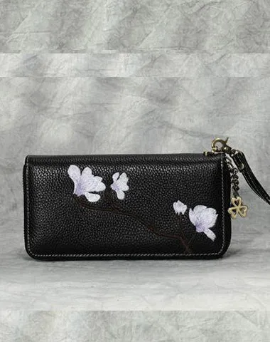 Magnolia Flower Embroidery Pink Leather Magnolia Wristlet Wallet Womens Zip Around Wallets Flowers Magnolia Ladies Zipper Clutch Wallet for Women