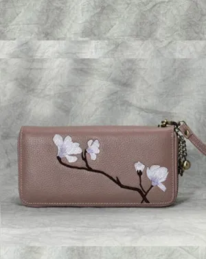 Magnolia Flower Embroidery Pink Leather Magnolia Wristlet Wallet Womens Zip Around Wallets Flowers Magnolia Ladies Zipper Clutch Wallet for Women