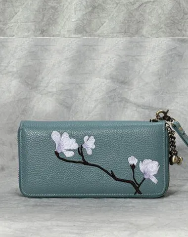 Magnolia Flower Embroidery Pink Leather Magnolia Wristlet Wallet Womens Zip Around Wallets Flowers Magnolia Ladies Zipper Clutch Wallet for Women