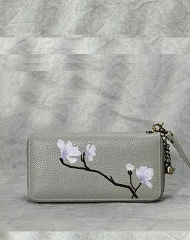 Magnolia Flower Embroidery Pink Leather Magnolia Wristlet Wallet Womens Zip Around Wallets Flowers Magnolia Ladies Zipper Clutch Wallet for Women