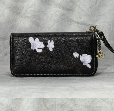 Magnolia Flower Embroidery Pink Leather Magnolia Wristlet Wallet Womens Zip Around Wallets Flowers Magnolia Ladies Zipper Clutch Wallet for Women