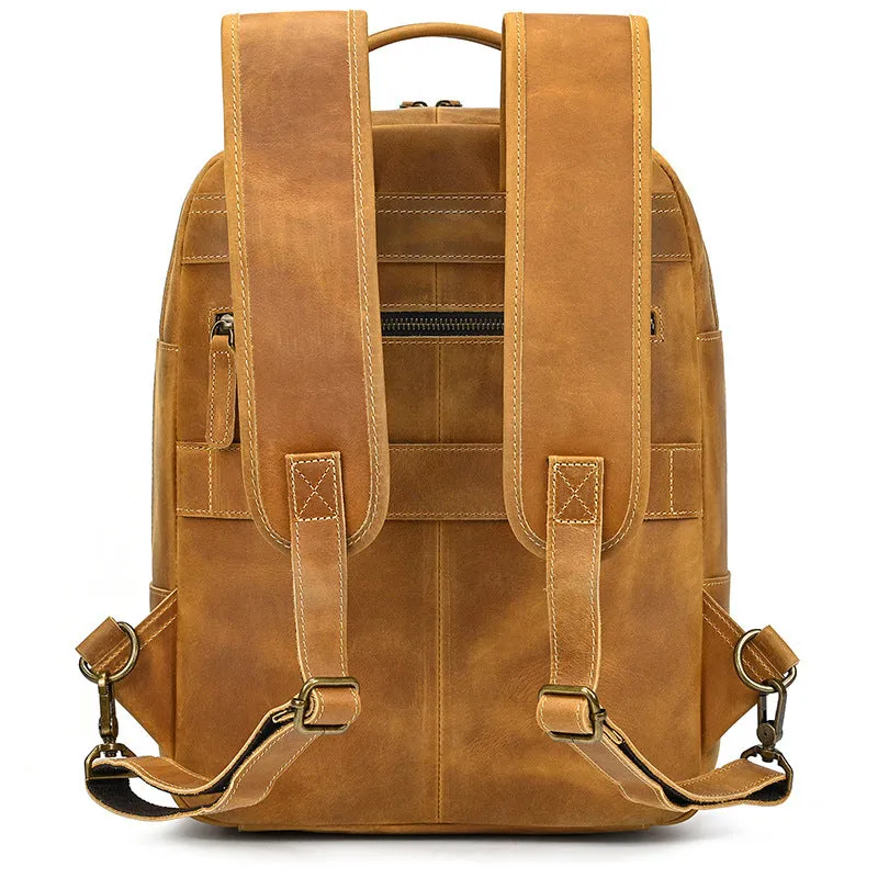 Mens Leather 15???? Laptop Backpack 14L Light Brown Large Leather Backpack for Travel