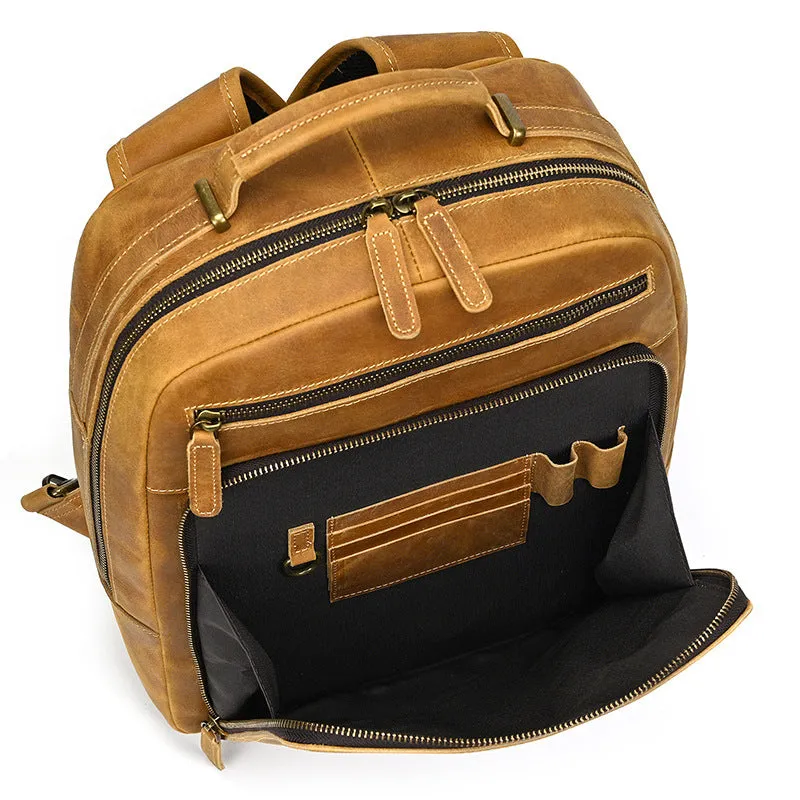 Mens Leather 15???? Laptop Backpack 14L Light Brown Large Leather Backpack for Travel