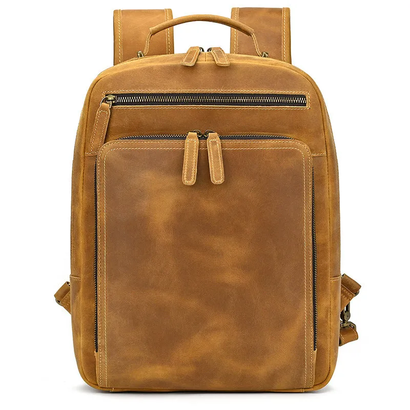 Mens Leather 15???? Laptop Backpack 14L Light Brown Large Leather Backpack for Travel