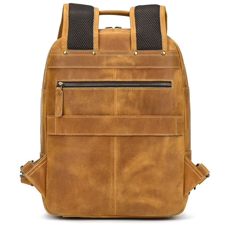 Mens Leather 15???? Laptop Backpack 14L Light Brown Large Leather Backpack for Travel