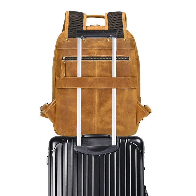 Mens Leather 15???? Laptop Backpack 14L Light Brown Large Leather Backpack for Travel