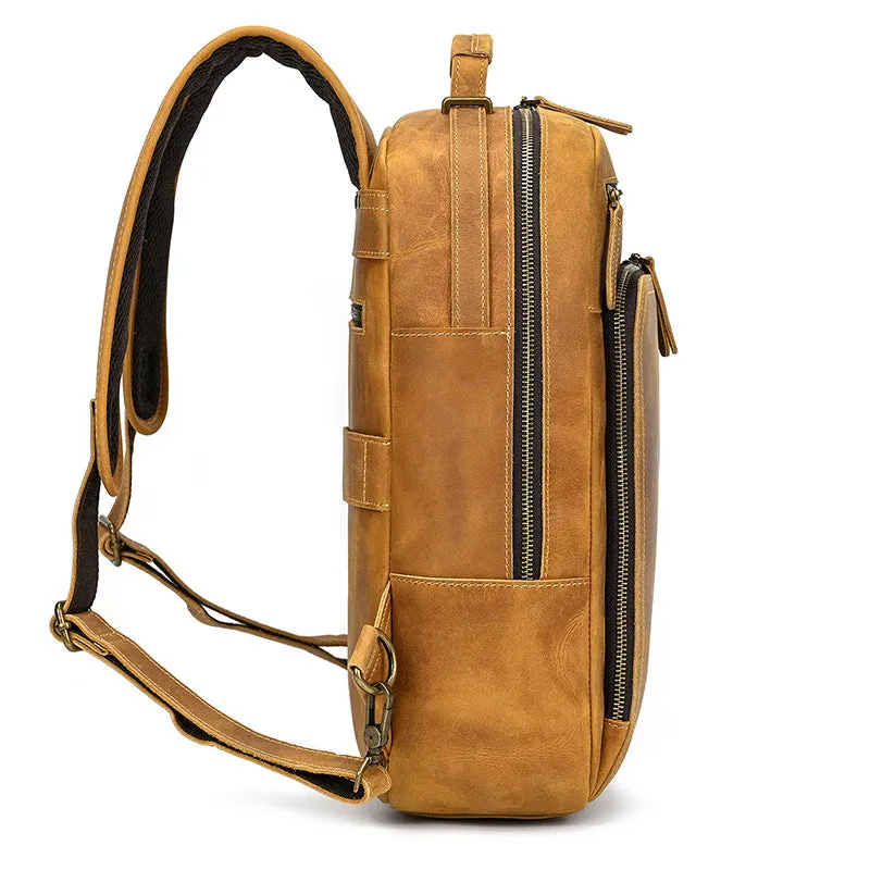 Mens Leather 15???? Laptop Backpack 14L Light Brown Large Leather Backpack for Travel